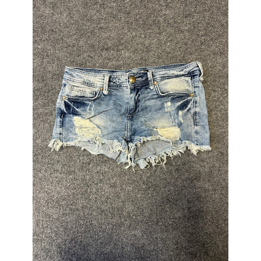 Bershka Shorts Womens Size 26 Blue Distressed Frayed Hem Low Rise Denim Casual